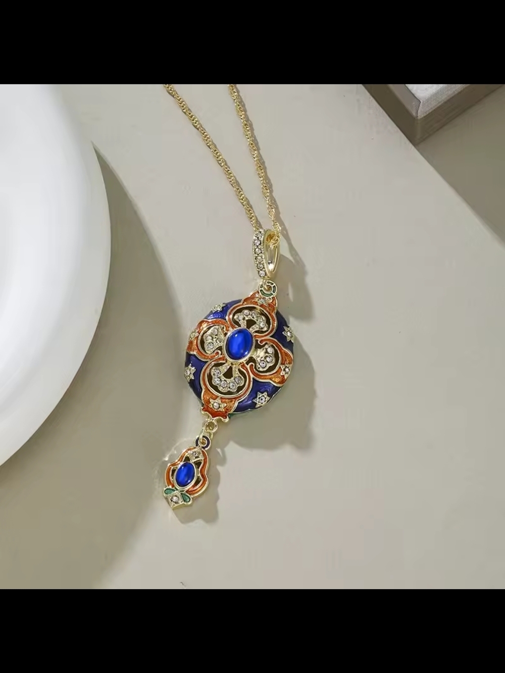 Gold-Tone Blue and Orange Enamel Pendant Necklace - Picture 3 of 6